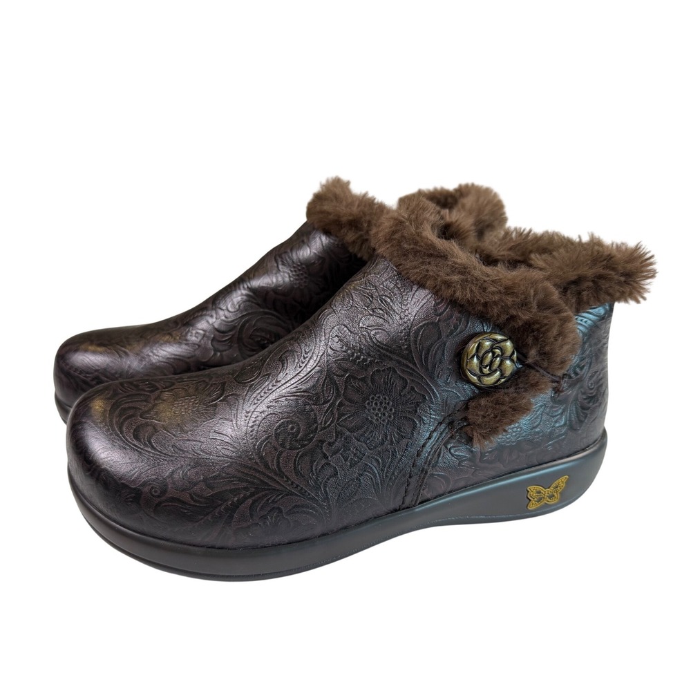 Alegria Worn ONCE Lite Meri Brown Floral Embossed Leather Faux Fur‎ Ankle Boot